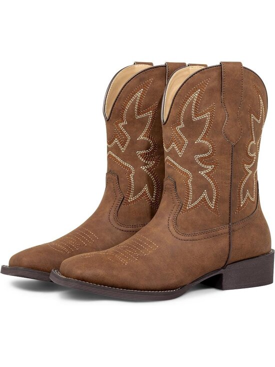 Shoes - Women's Brown Western Embroidered Short Square Toe Chunky Heel Cowgirl Boots